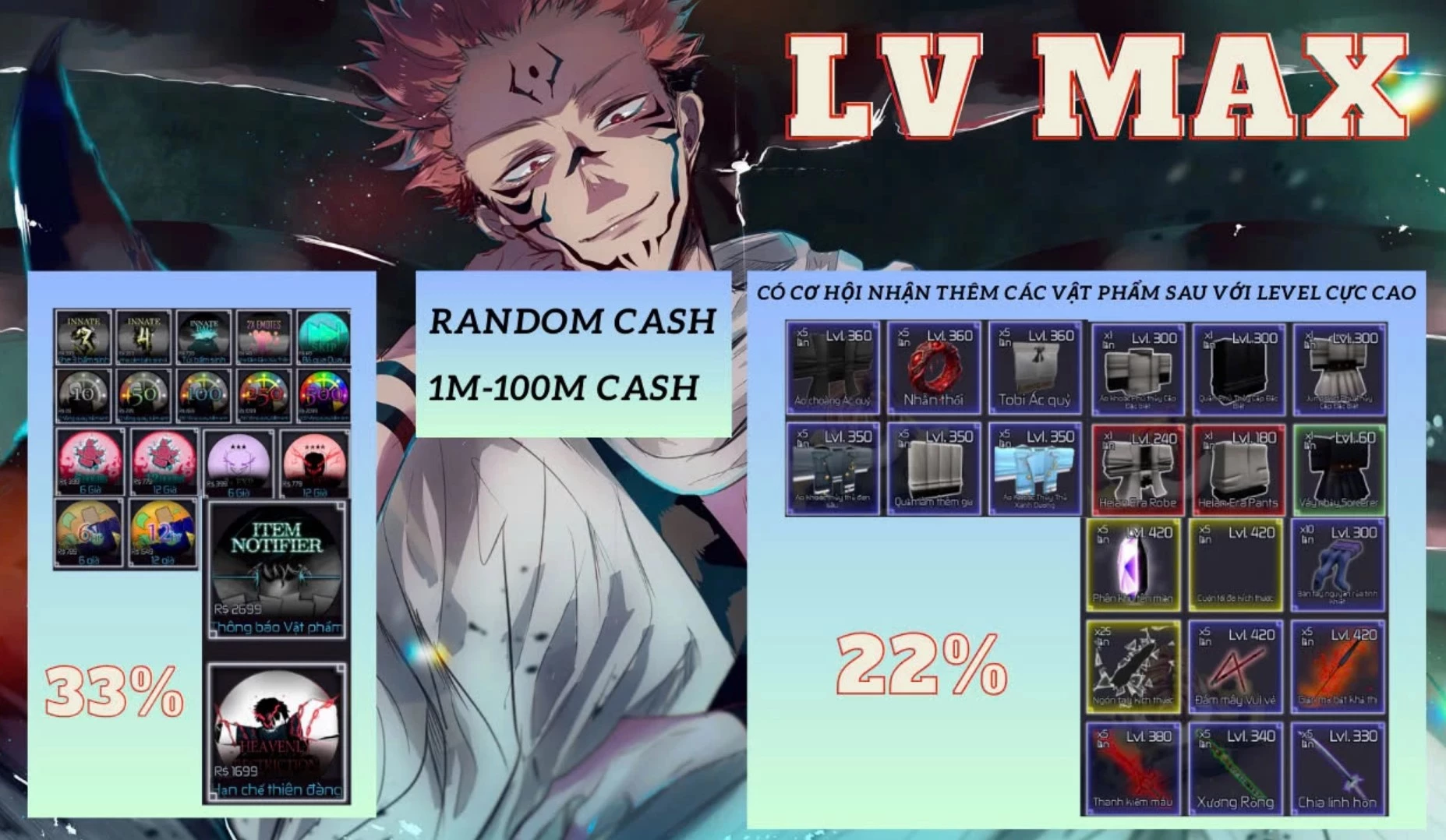 Acc Max Level, 1 đến 100 triệu tiền, random nhiều vật phẩm level cực cao